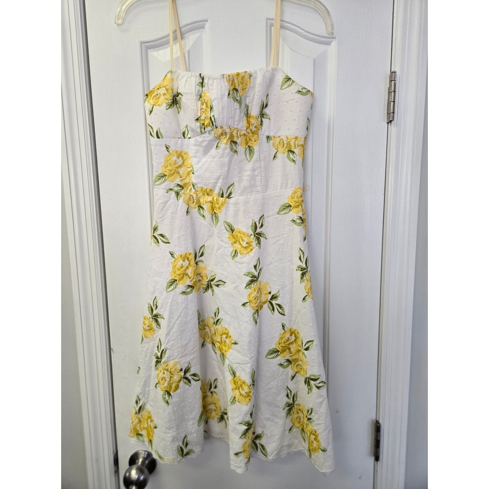 White Yellow Rose Floral Cotton Eyelet Midi Sun Dress Cottagecore Garden Party 5